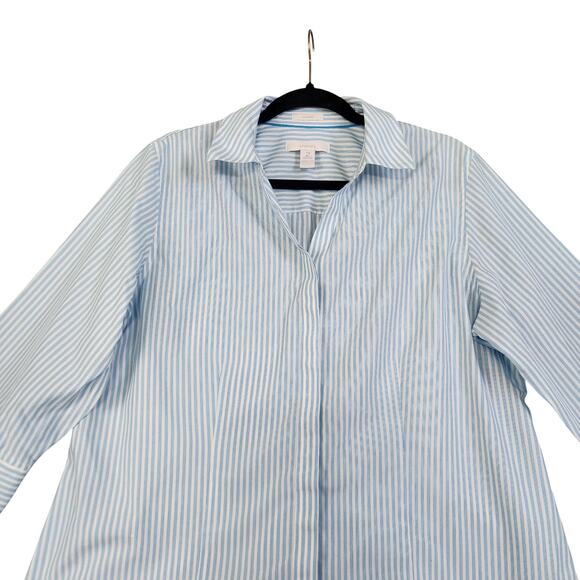 Chicos Womens No Iron Striped Shirt Large Blue White Metallic Stripe 3/4 Sleeves - Picture 2 of 8